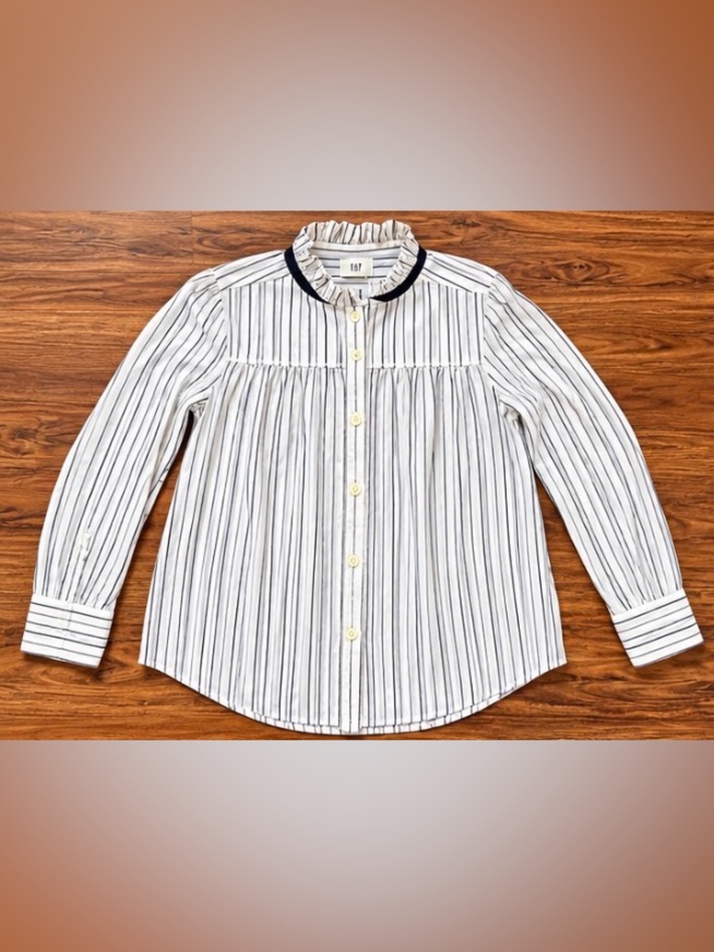 GAP White Shirt with Navy Stripe and Ruffle Collar